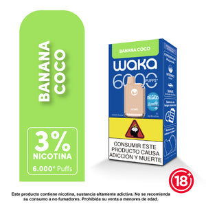Vape WAKA Pocket 6000 puffs sabor banana coco desechable con 3 porciento nicotina - Bloommart Colombia