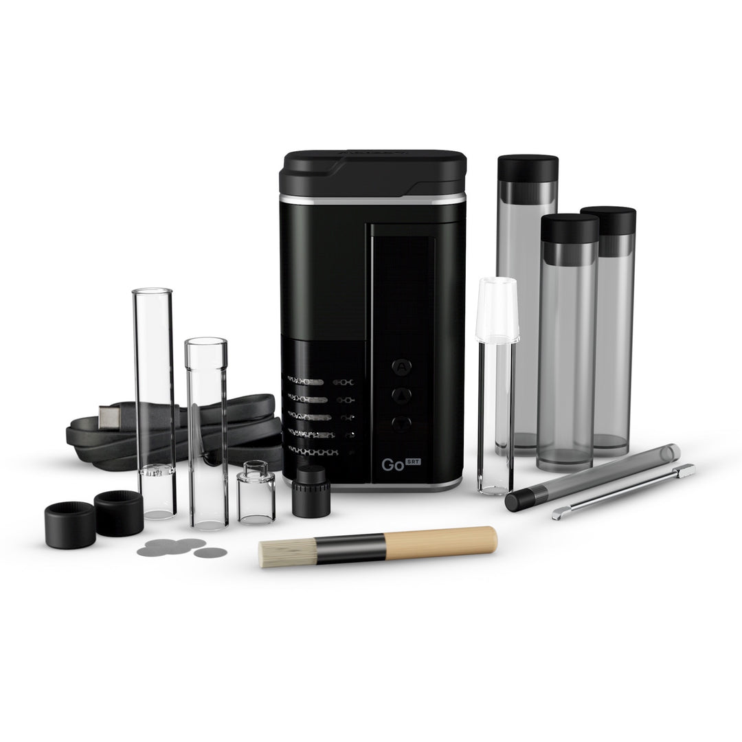 Contenido incluido del Arizer Go SRT con tubos de vidrio, cable USB-C, herramientas y cepillo