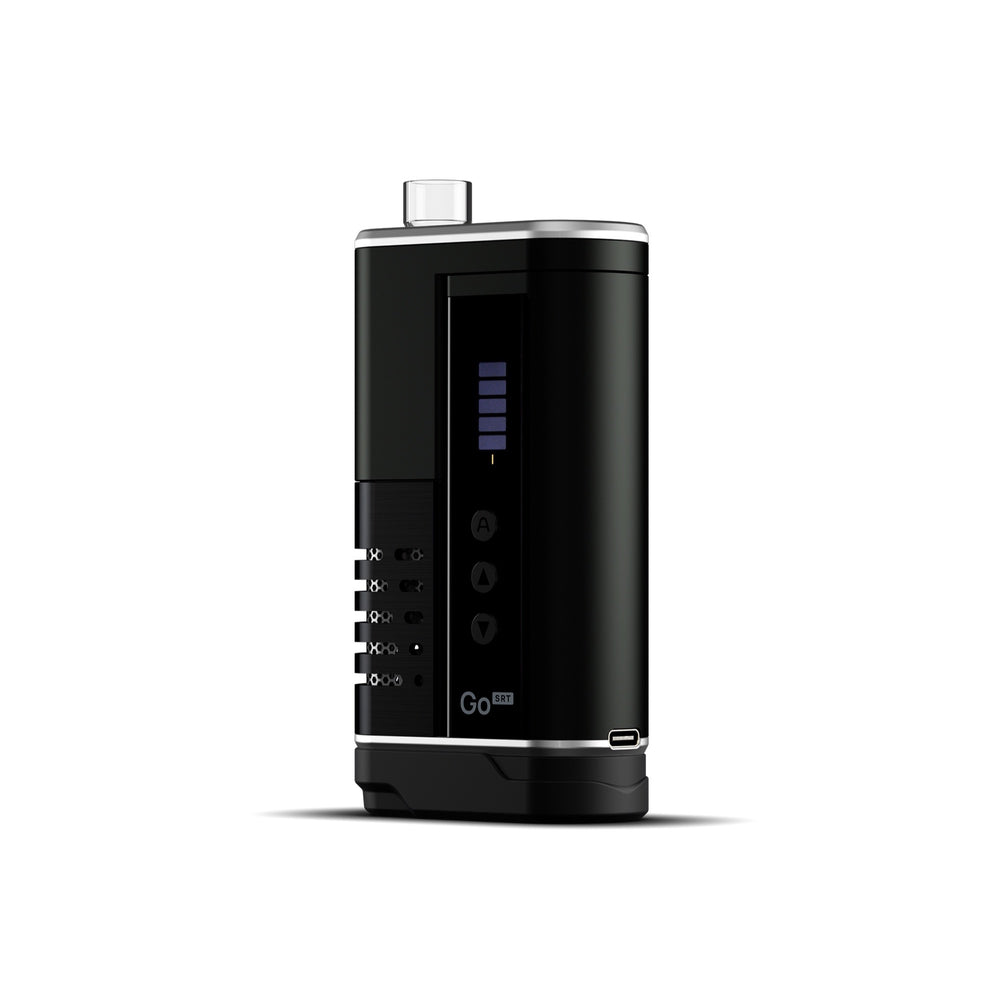 Arizer Go SRT negro en vista tres cuartos, con boquilla corta, pantalla a color y puerto USB-C visible