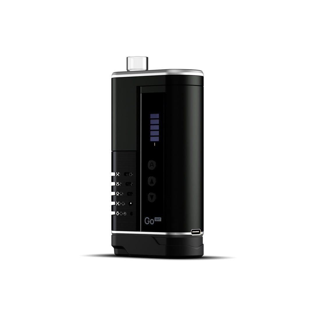 Arizer Go SRT negro en vista tres cuartos, con boquilla corta, pantalla a color y puerto USB-C visible