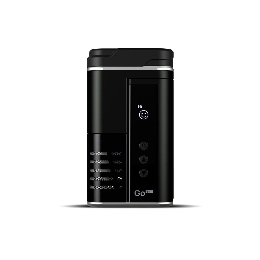 Vaporizador Arizer Go SRT negro de frente con pantalla encendida y tres botones de control