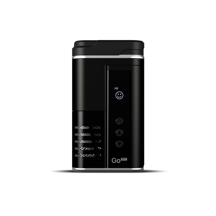 Vaporizador Arizer Go SRT negro de frente con pantalla encendida y tres botones de control