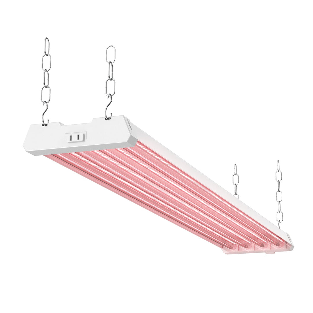 Barra LED SuncoGrow 80W de 4 pies full spectrum encendida para semilleros, con cadenas colgantes