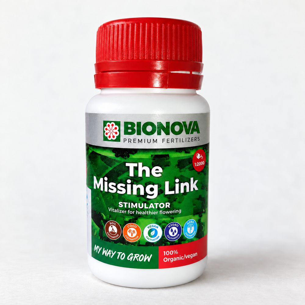 Frasco blanco de 100 ml de Bionova The Missing Link, estimulador con ácido fúlvico, con tapa roja y etiqueta verde