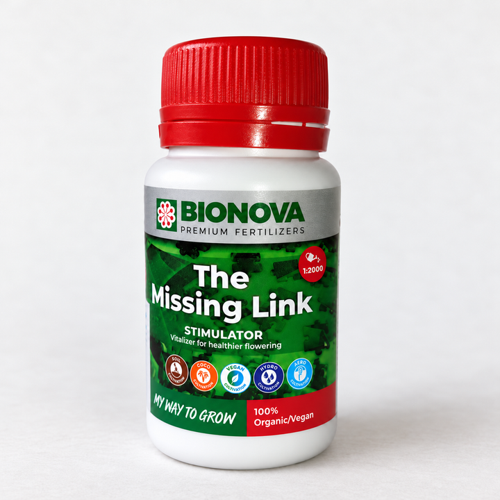 Íconos de tierra, coco, hidroponía y aeroponía en la etiqueta de The Missing Link