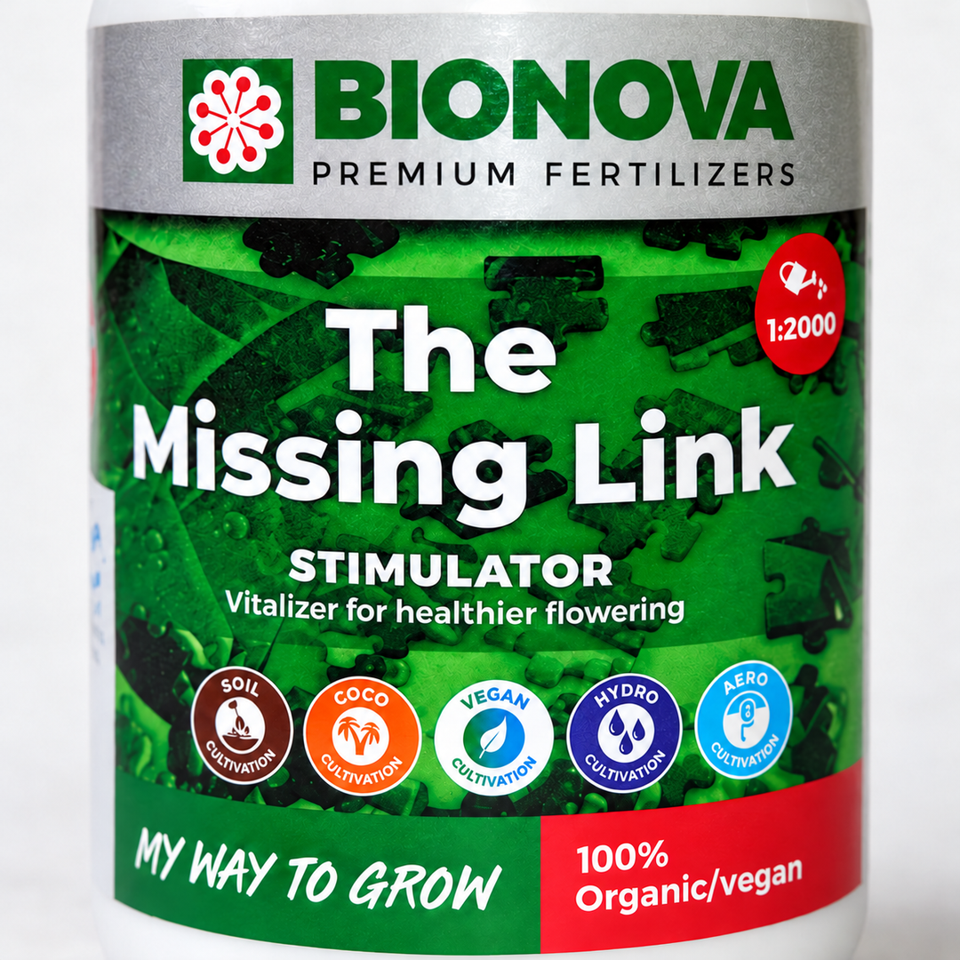 Sello rojo de dilución 1:2000 y franja «100% Organic/vegan» en la etiqueta de The Missing Link