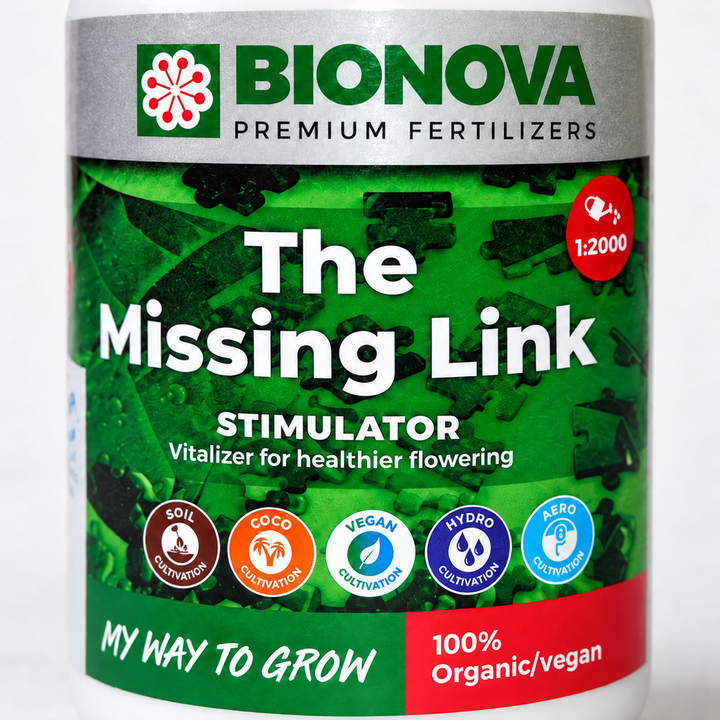 Sello rojo de dilución 1:2000 y franja «100% Organic/vegan» en la etiqueta de The Missing Link