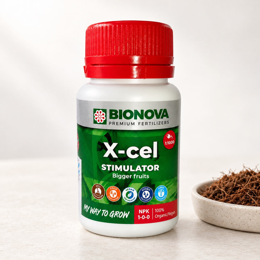 Bionova X-cel de 100 ml junto a sustrato de cultivo