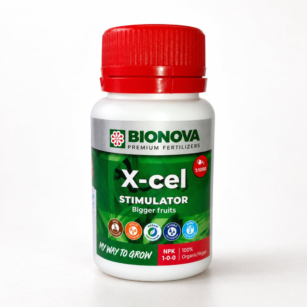 Frasco de Bionova X-cel de 100 ml, estimulador de crecimiento y floración, con tapa roja y etiqueta verde