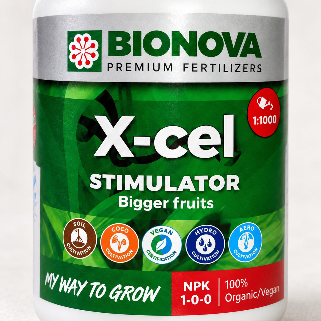 Etiqueta de X-cel con la franja roja NPK 1-0-0 y el sello de dilución 1:1000