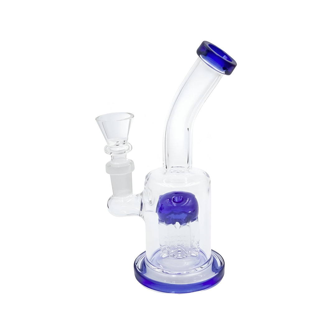 Bong de vidrio con percolador tipo árbol de 4 brazos, detalles azul intenso, altura 18 cm, con downstem y bowl 14 mm.