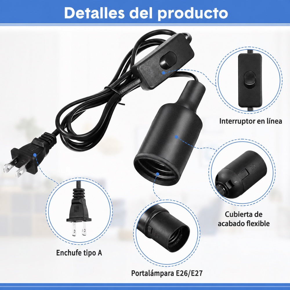 Componentes del cable portalámpara E26 E27 identificados en español