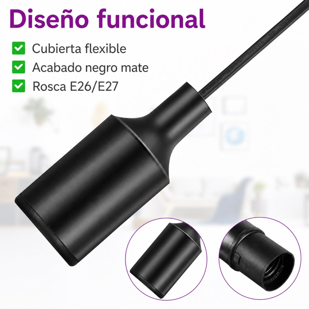 Diseño funcional y acabado negro del portalámpara E26 E27