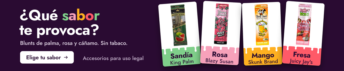 Blunts de sabores sin tabaco: King Palm Sandía, Blazy Susan Rosa, Skunk Brand Mango y Juicy Jay's Fresa. Elige tu sabor.