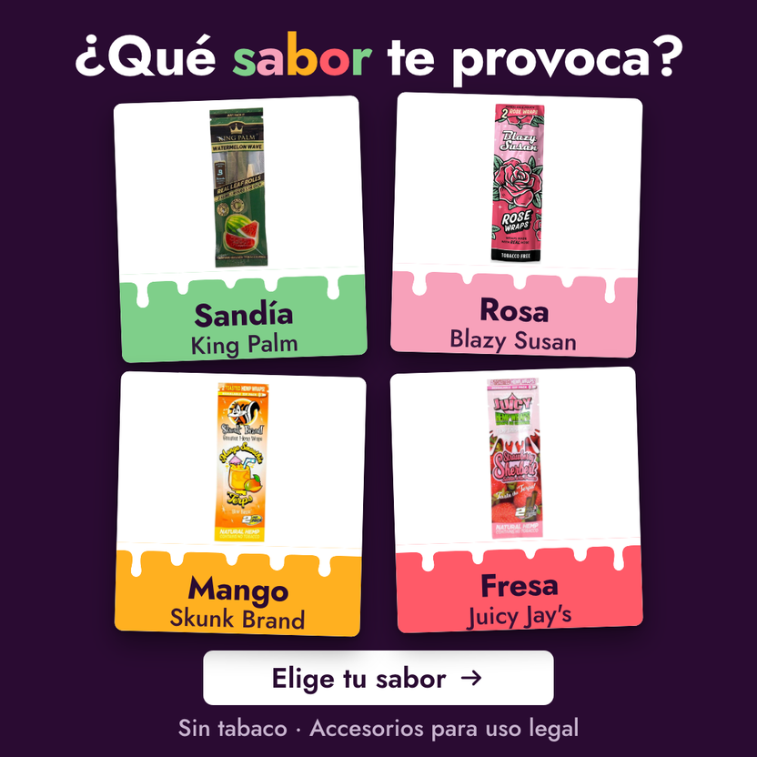 Blunts de sabores sin tabaco: King Palm Sandía, Blazy Susan Rosa, Skunk Brand Mango y Juicy Jay's Fresa. Elige tu sabor.