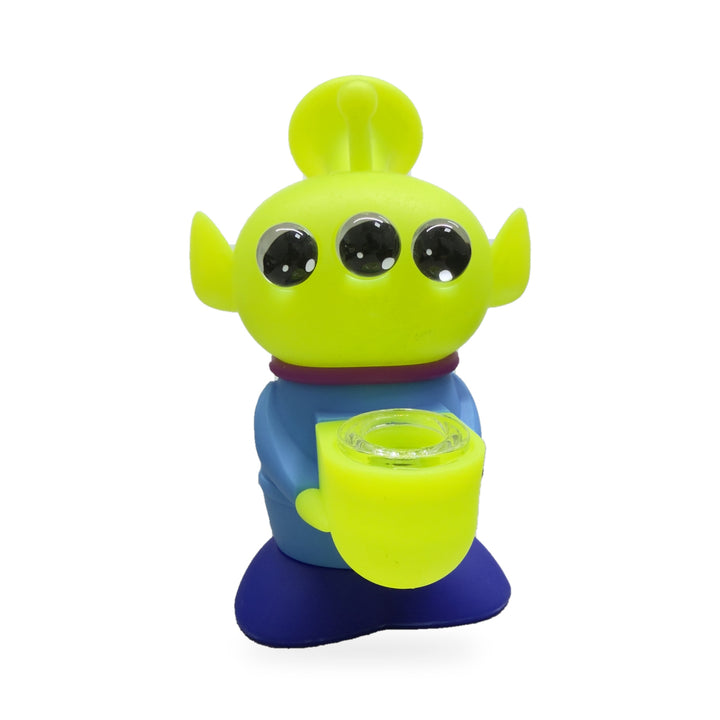 Bong de Silicona Alien azul de frente: cuerpo azul, base azul oscuro y collar magenta