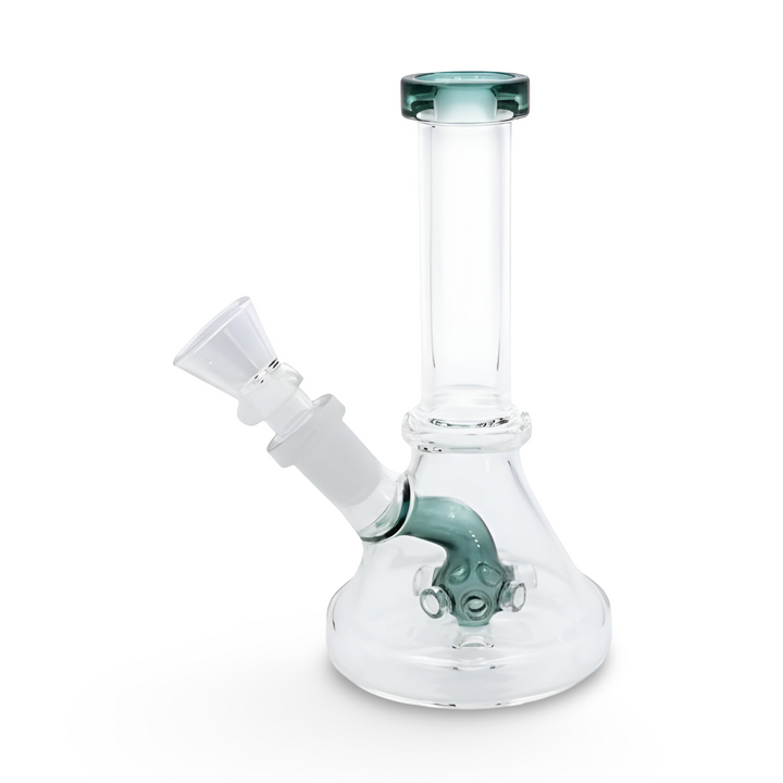 Bong de vidrio 15 cm color turquesa, base redonda de 9 cm y junta 14 mm; pieza compacta para uso diario.