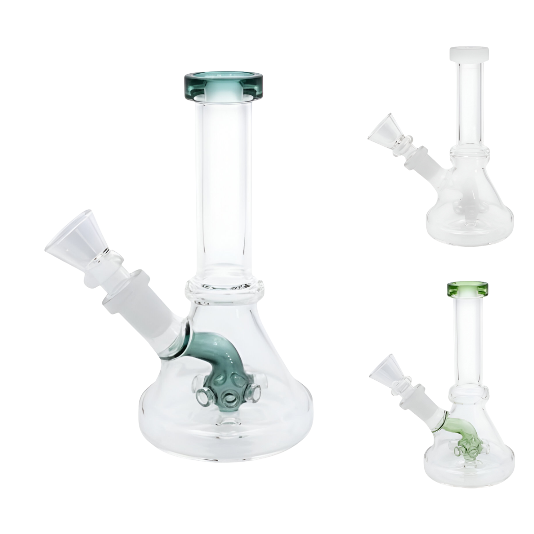 Bong de vidrio 15 cm en versiones verde, turquesa y transparente; vista general del producto con bowl 14 mm.