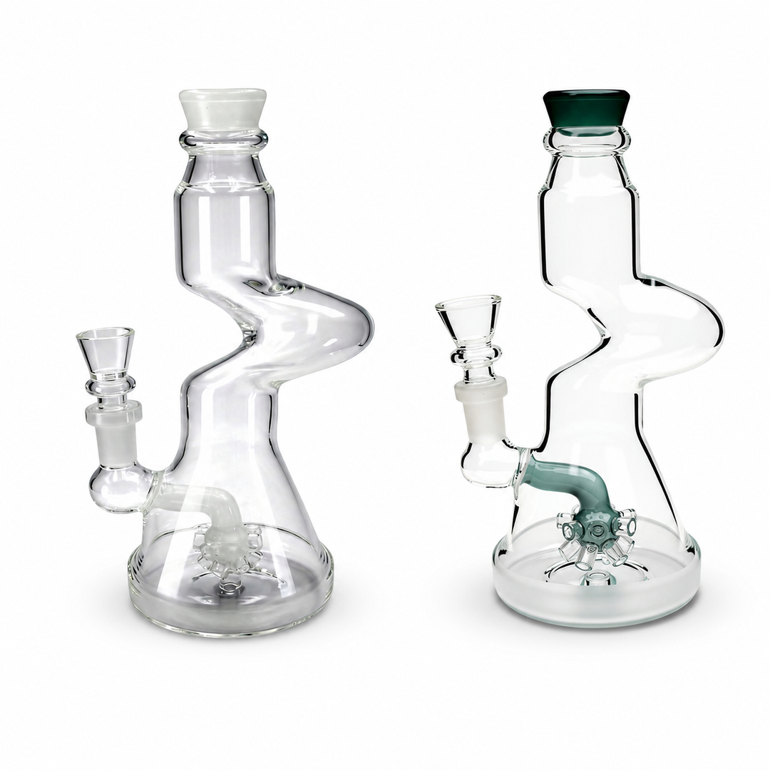 Bong de vidrio con filtro de 19 cm en vista frontal, cámara de agua transparente y bowl listo para hierbas secas