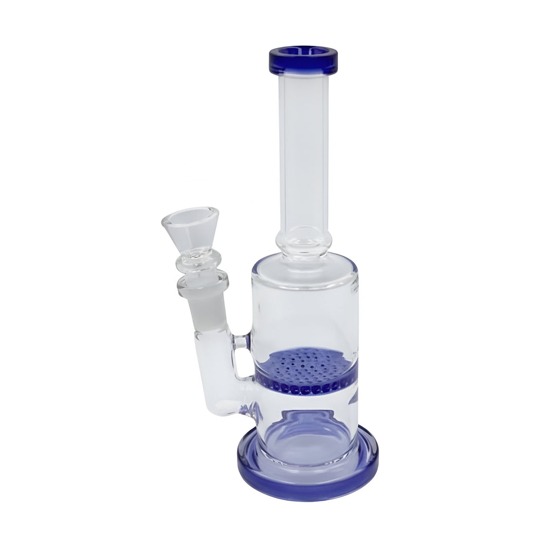 Bong de vidrio 20,5 cm con percolador honeycomb color azul, vista lateral
