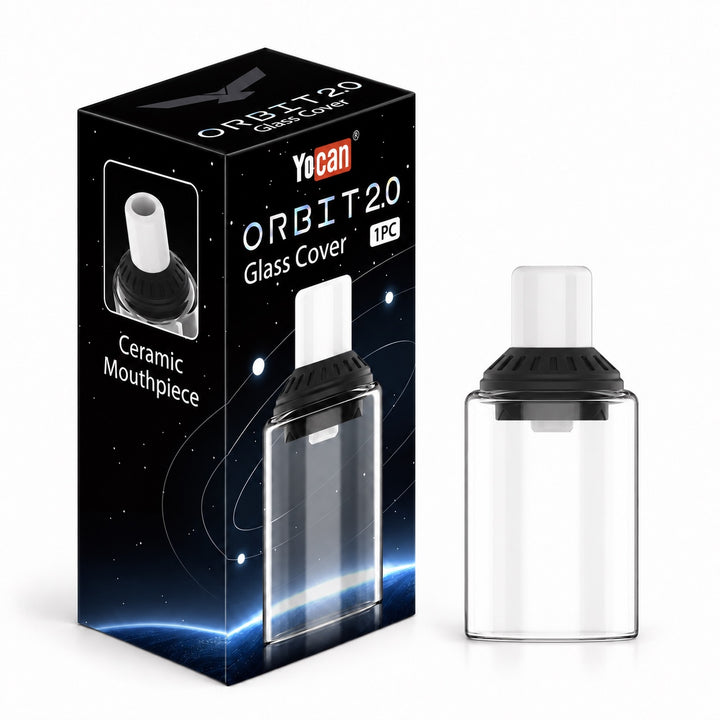 Caja de la Yocan Orbit 2.0 Glass Cover junto a la cubierta de vidrio con boquilla de cerámica