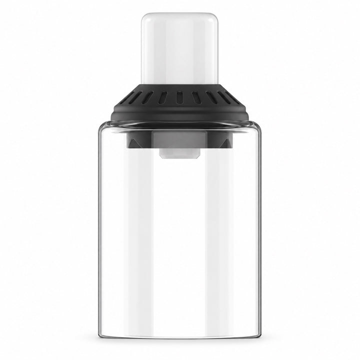 Boquilla Yocan Orbit 2.0 en negro: cubierta de vidrio transparente, anillo estriado negro y boquilla de cerámica blanca