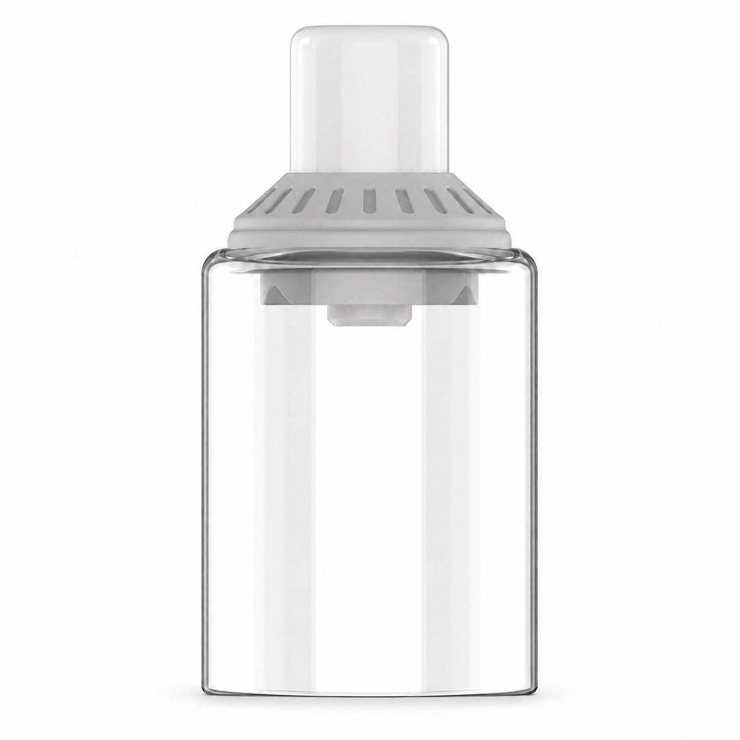 Boquilla Yocan Orbit 2.0 en plata: cubierta de vidrio transparente, anillo estriado plata y boquilla de cerámica blanca