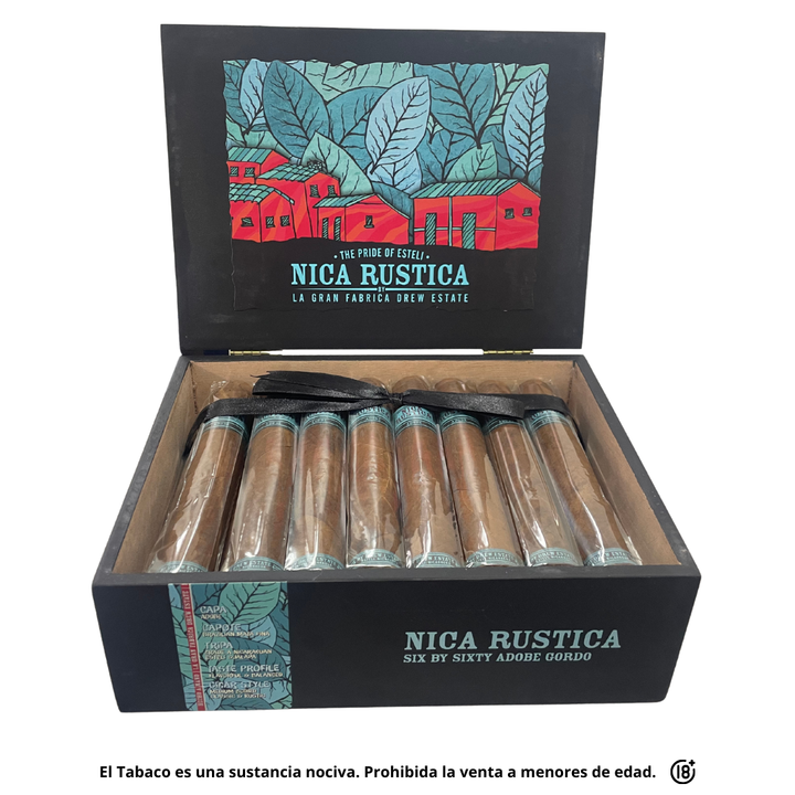 Caja completa de tabacos premium Nica Rustica Adobe Gordo de Drew Estate Estelí Nicaragua.