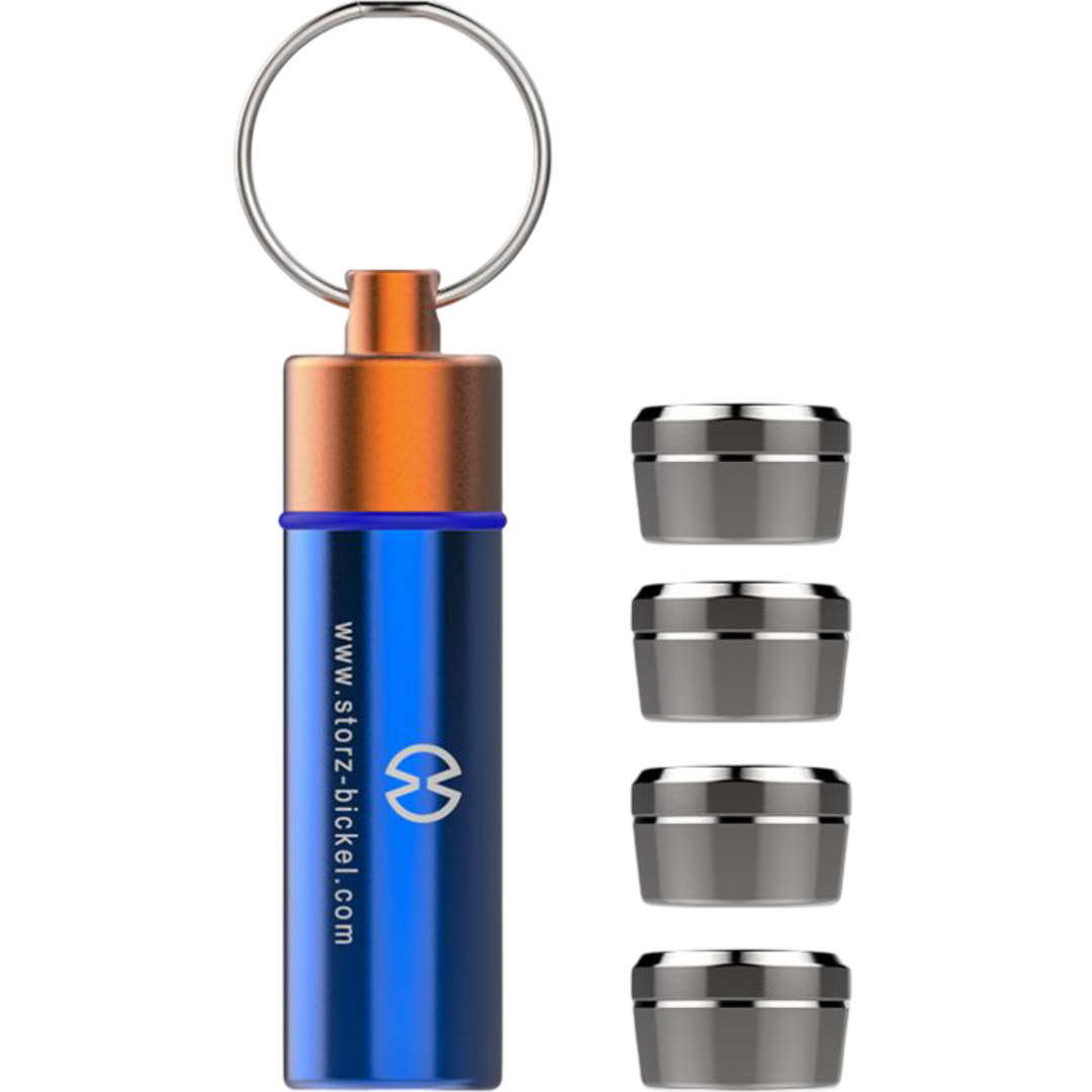 Capsule Caddy Storz Bickel llavero aluminio azul naranja cerrado con 4 dosing capsules