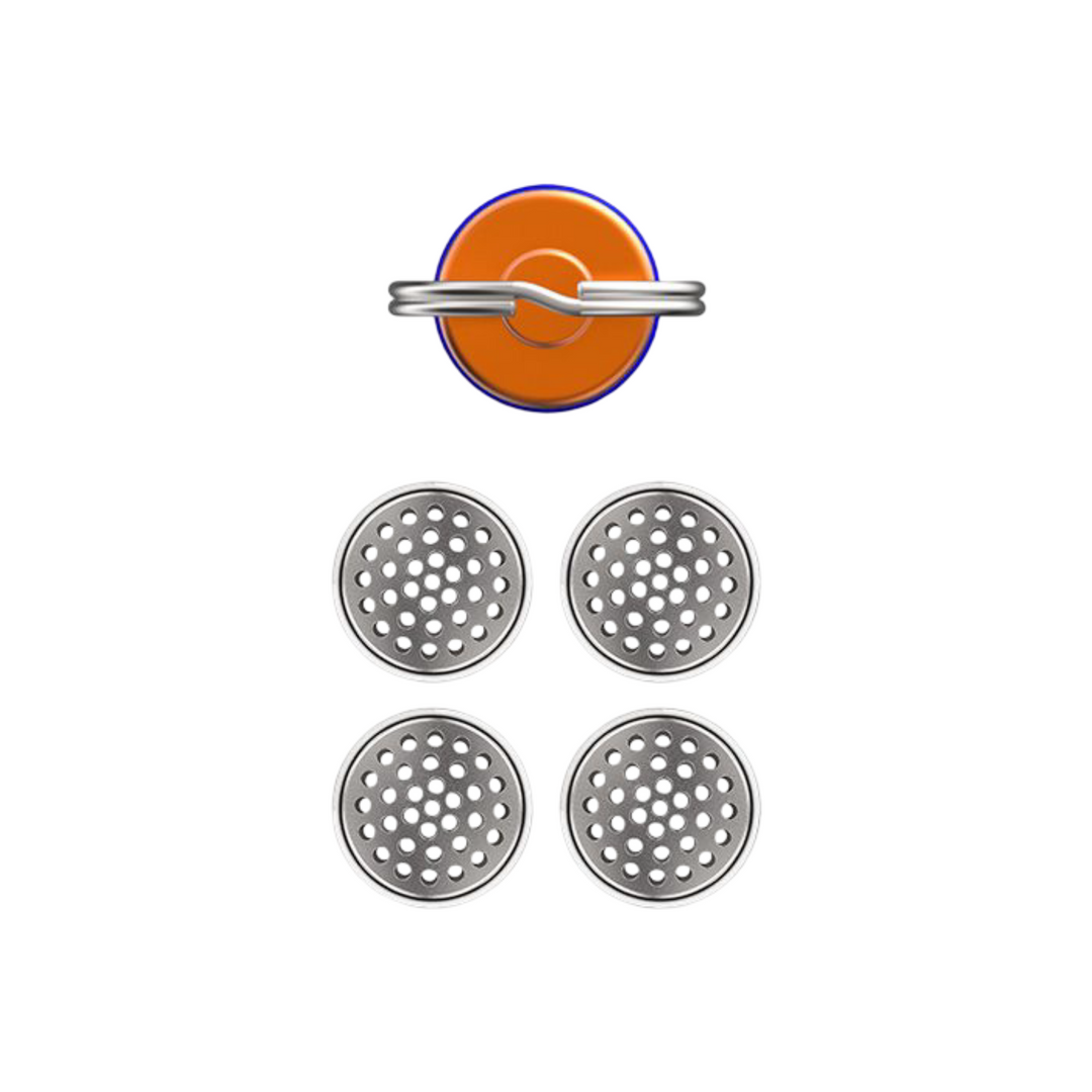 Capsule Caddy Storz Bickel vista cenital tapa naranja aro llavero 4 dosing capsules perforadas