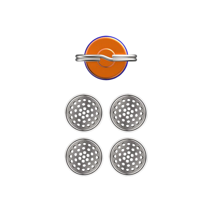 Capsule Caddy Storz Bickel vista cenital tapa naranja aro llavero 4 dosing capsules perforadas