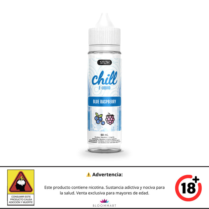 Botella de Chill Base Libre 60 mL de STLTH en sabor Blue Raspberry, con tapa blanca, etiqueta azul y blanca, y franja de advertencia de nicotina para mayores de 18 años