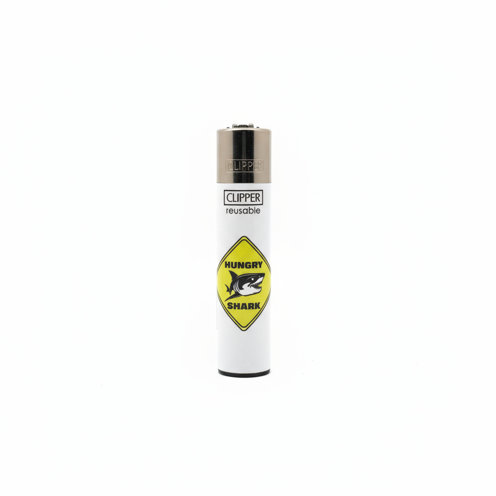Encendedor Clipper Forbidden Signals Hungry Shark, diseño de tiburón con señal amarilla.
