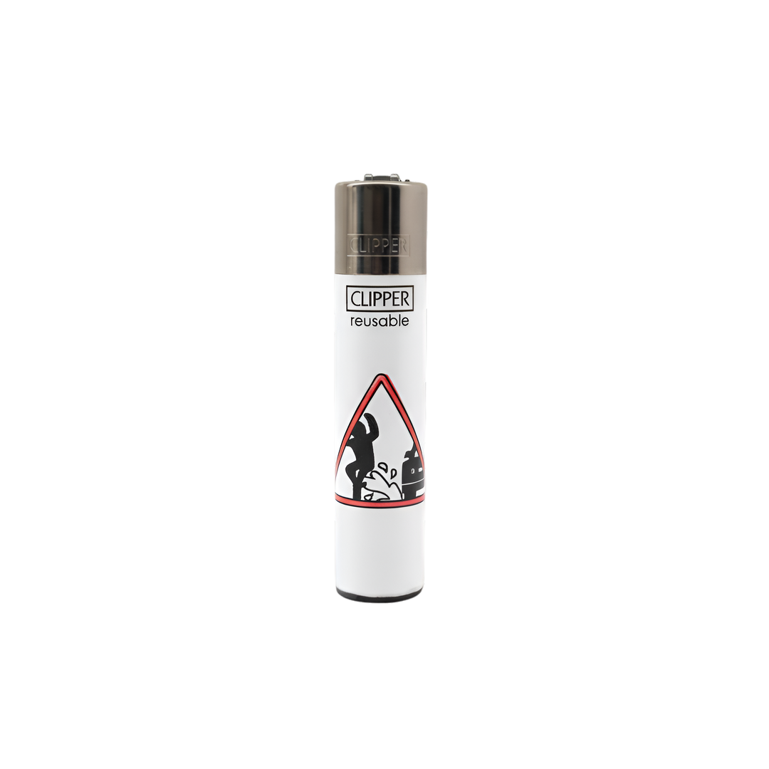Encendedor Clipper Forbidden Signals Monkey Warning, diseño blanco con símbolo de precaución.