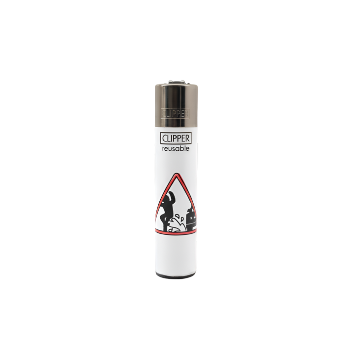 Encendedor Clipper Forbidden Signals Monkey Warning, diseño blanco con símbolo de precaución.