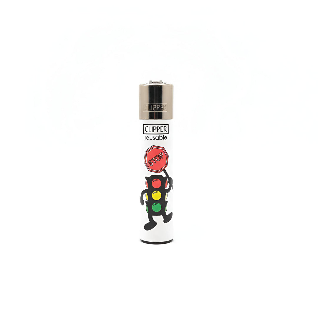 Encendedor Clipper Forbidden Signals Stoplight, con diseño de semáforo y señal de stop.
