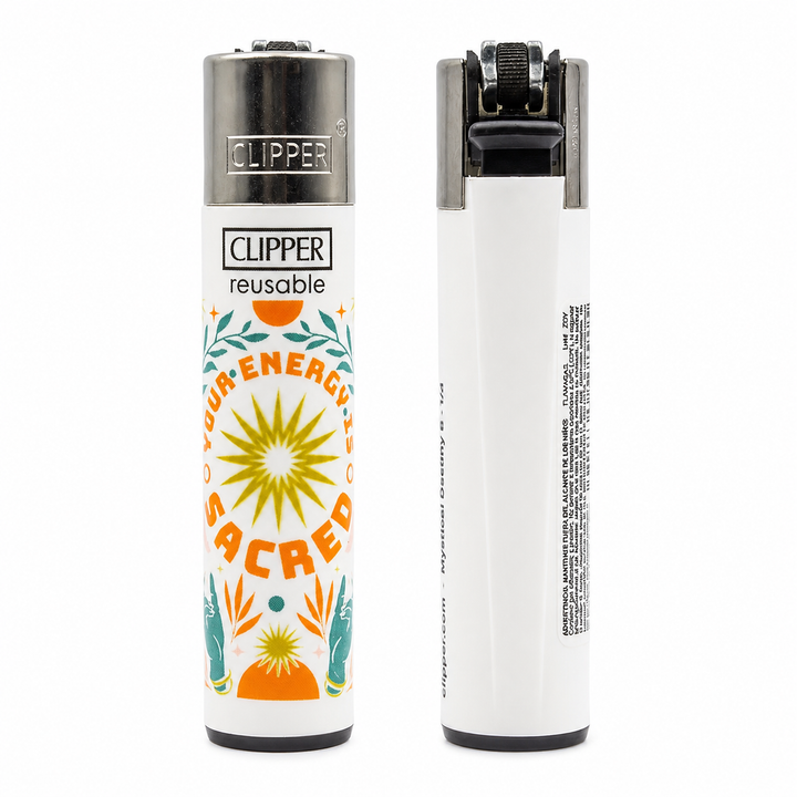 Encendedor Clipper blanco con sol dorado radiante y la frase Your Energy Is Sacred