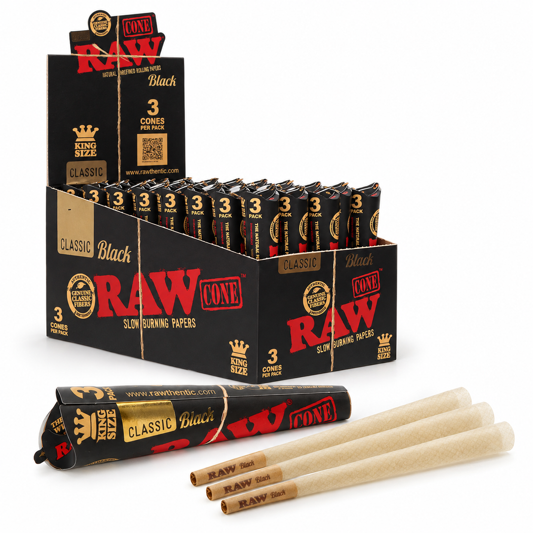 Conos RAW Black King Size: paquete de 3 unidades, caja exhibidora y tres conos con boquilla.
