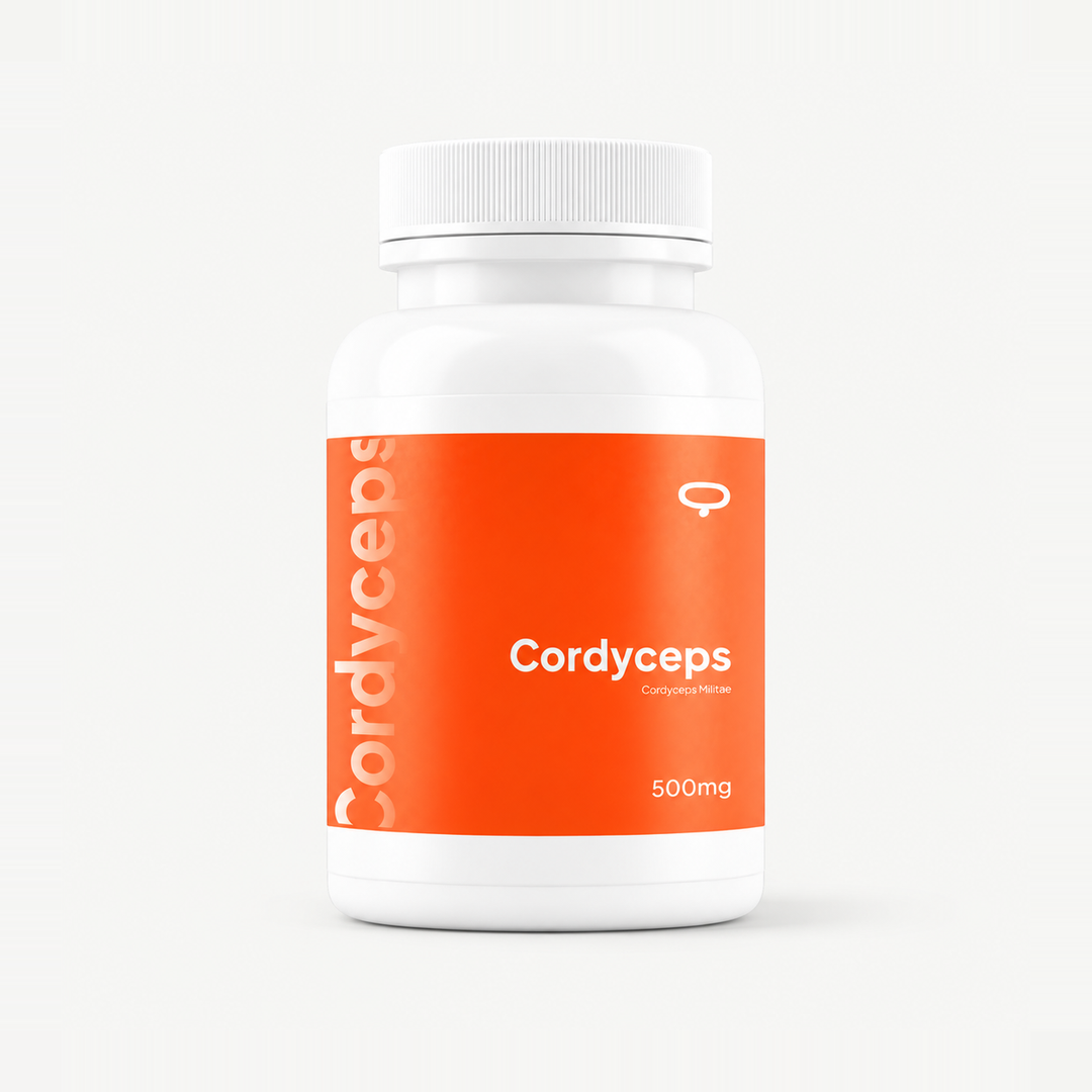 Frasco de Cordyceps en cápsulas con etiqueta naranja, Bloommart