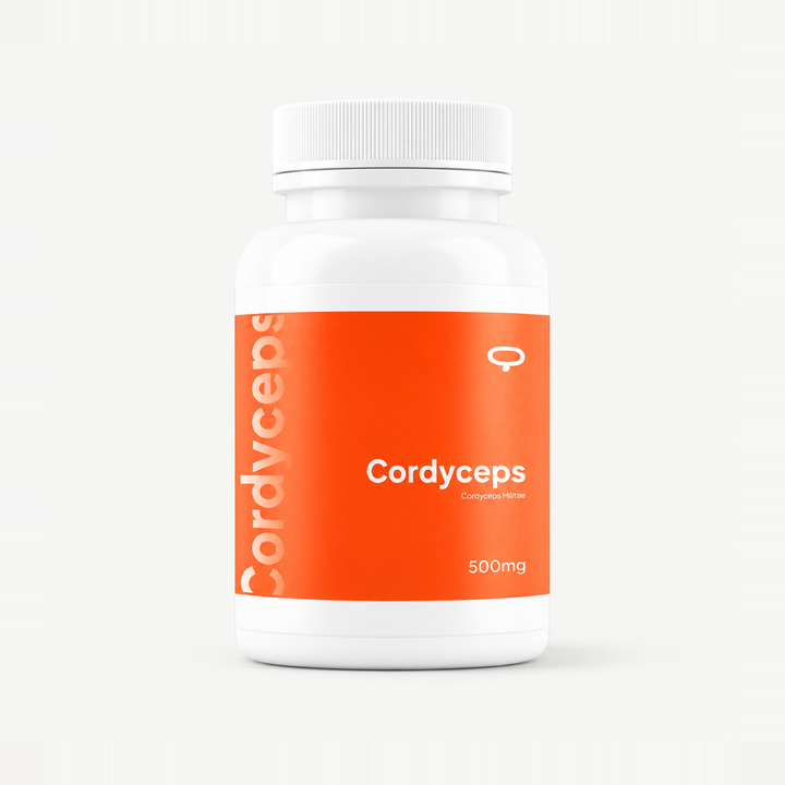 Frasco de Cordyceps en cápsulas con etiqueta naranja, Bloommart
