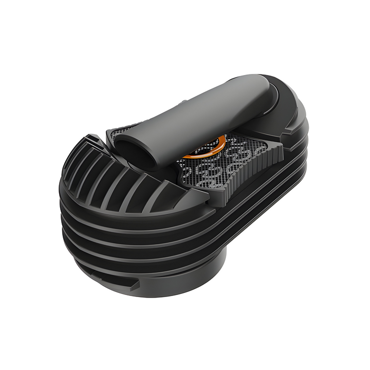 Cooling Unit CRAFTY+ Storz Bickel vista angular boquilla extendida malla visible logo naranja