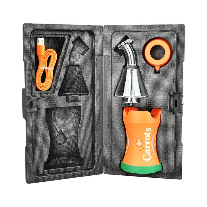 Estuche rígido del Dr. Dabber Boost EVO Carrots Edition abierto, con el equipo, el vidrio, el adaptador Quick Connect naranja y el cable USB-C en su espuma