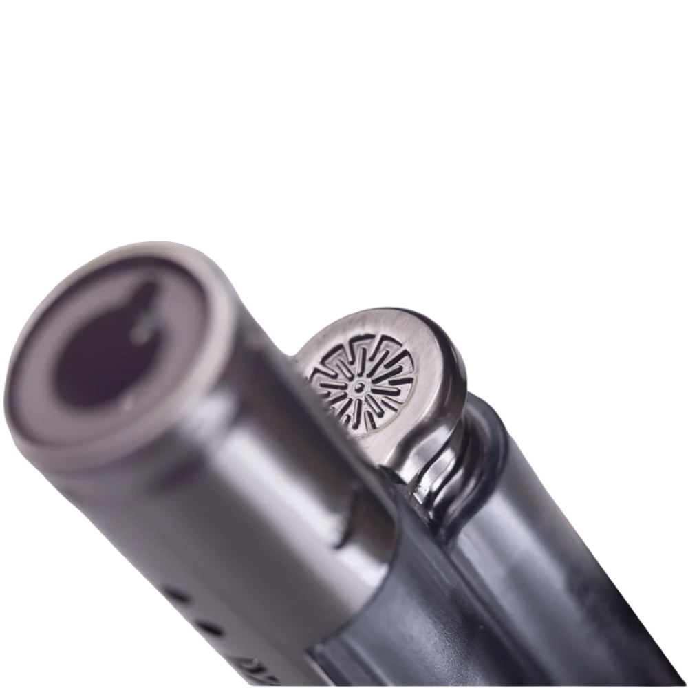 DynaTorch Single Flame detalle close-up ignición click-down y diseño CCD signature grabado en metal cromado