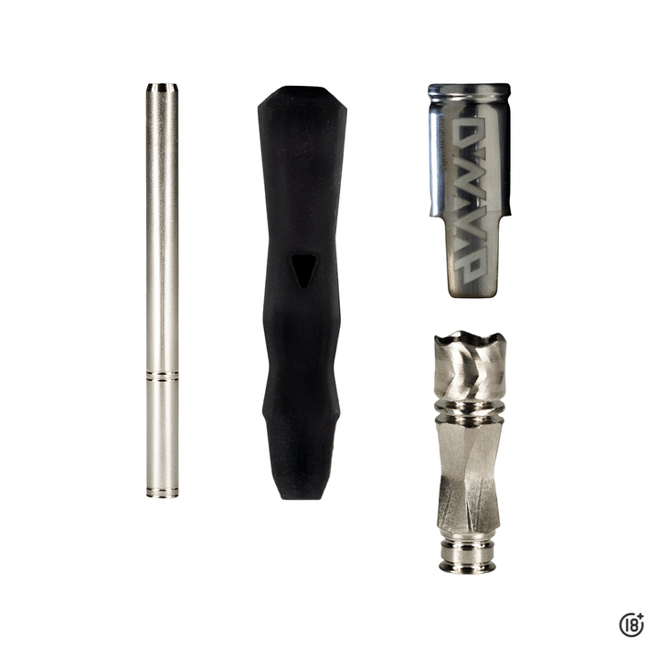 Componentes del DynaVap The “B” desarmados: cap, tip, stem de silicona y condensador; vaporizador herbal portátil para flores.