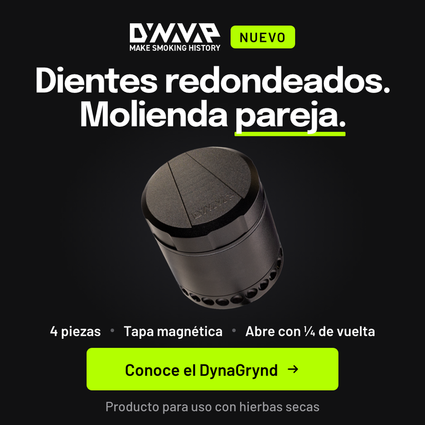 DynaVap DynaGrynd, grinder de 4 piezas en aluminio anodizado negro con dientes redondeados. Conoce el DynaGrynd.