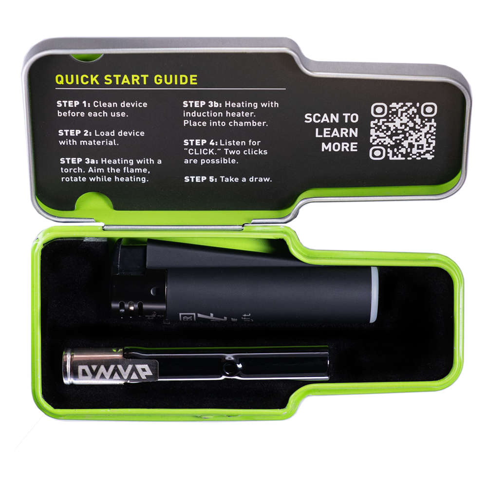 Dynavap G3 vaporizador portátil presentado en estuche metálico con interior verde.