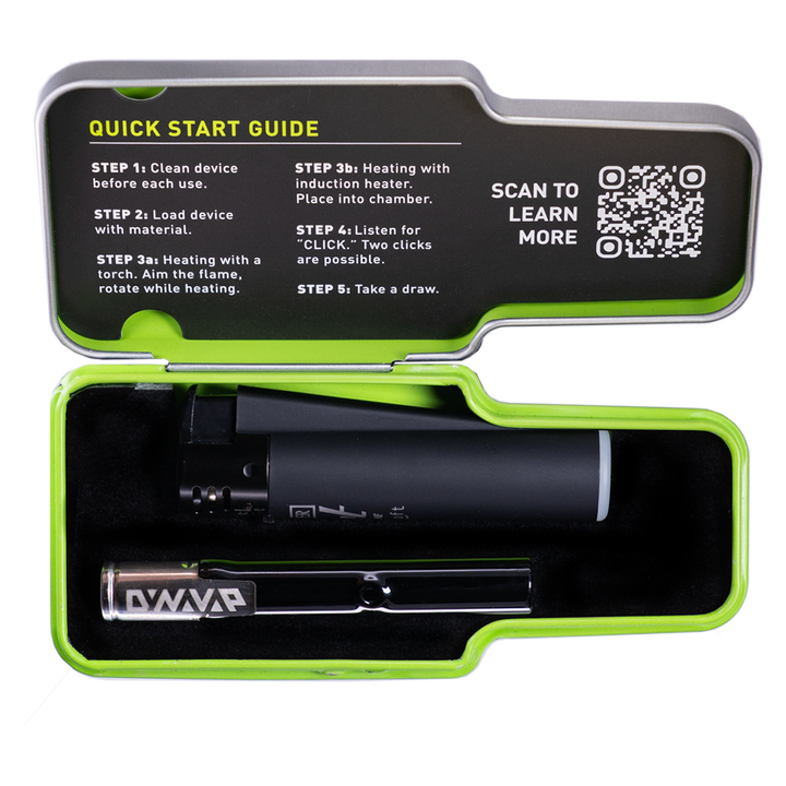 Dynavap G3 vaporizador portátil presentado en estuche metálico con interior verde.