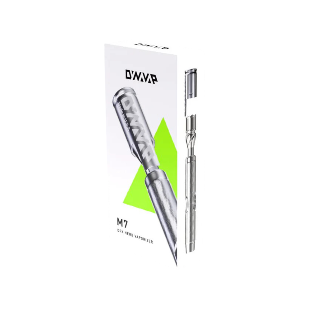 Caja oficial del vaporizador herbal DynaVap M7 con diseño triangular verde.