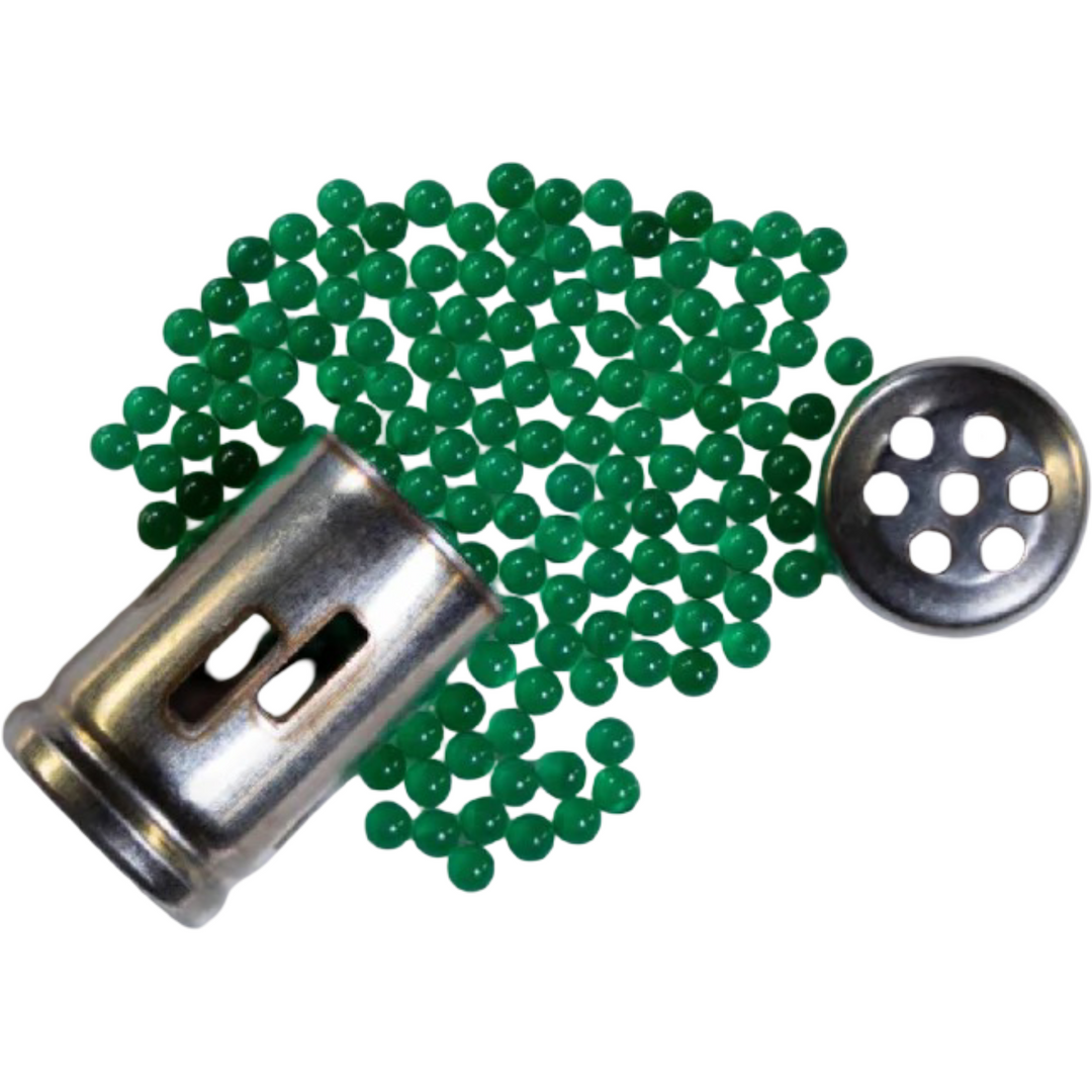 Core abierto mostrando las esferas de zafiro verde 2mm