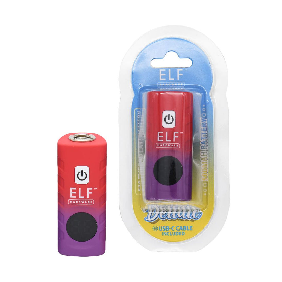 Batería Deltaic Rojo/Morado junto a su blíster ELF, que trae el cable USB-C